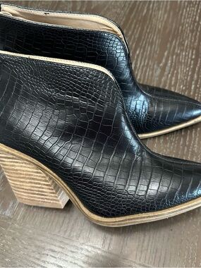 Black Croc-Embossed Block Heel Ankle Boots